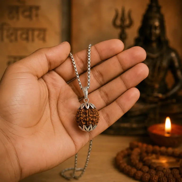 5 Mukhi Rudraksha Shiva Pendant with Premium Silver Finish & Chain