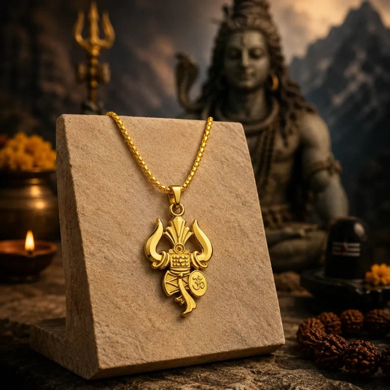 Shree Mahadev Trishul Damru Pendant with Premium Gold Finish