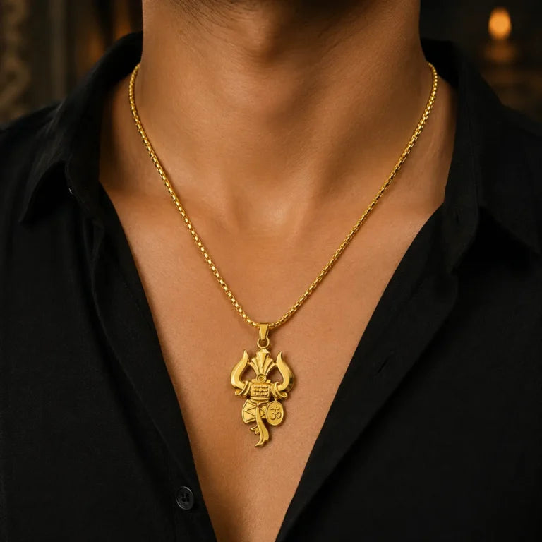 Shree Mahadev Trishul Damru Pendant with Premium Gold Finish