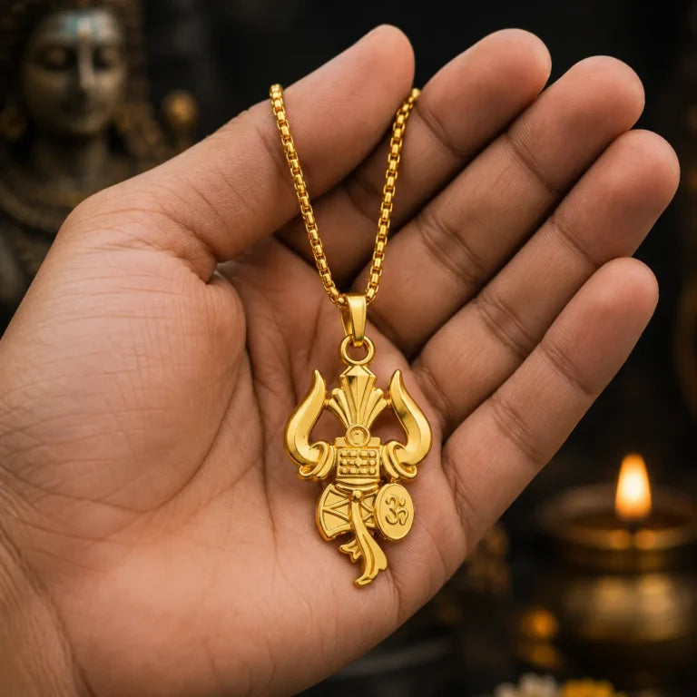 Shree Mahadev Trishul Damru Pendant with Premium Gold Finish