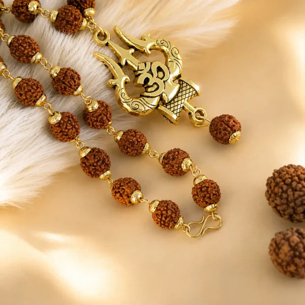 Divine Rudraksha Trishul Mala with Premium Gold Plating Finish