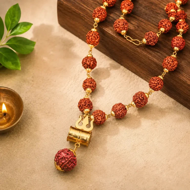 Sacred Rudraksha Damru Mala with Premium Gold Plating Finish