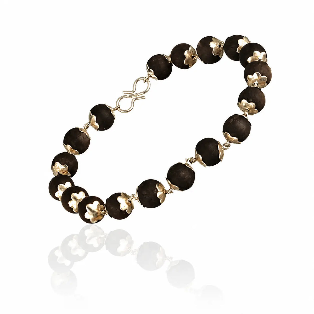Karungali Beads Bracelet with Silver Plated Floral Caps