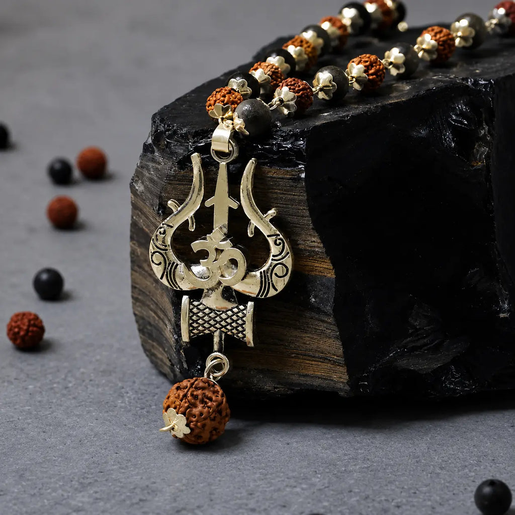 Silver Trishul Om Karungali & Rudraksha Mala