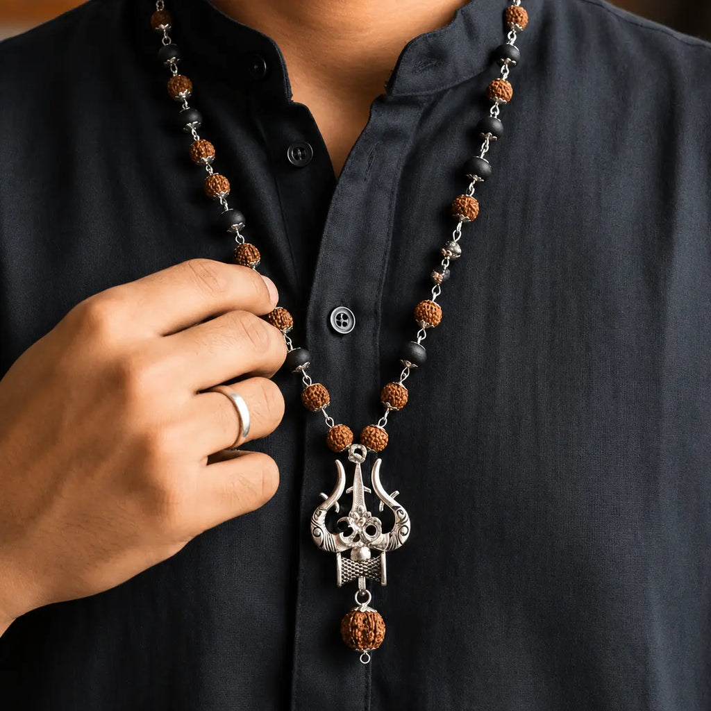 Silver Trishul Om Karungali & Rudraksha Mala