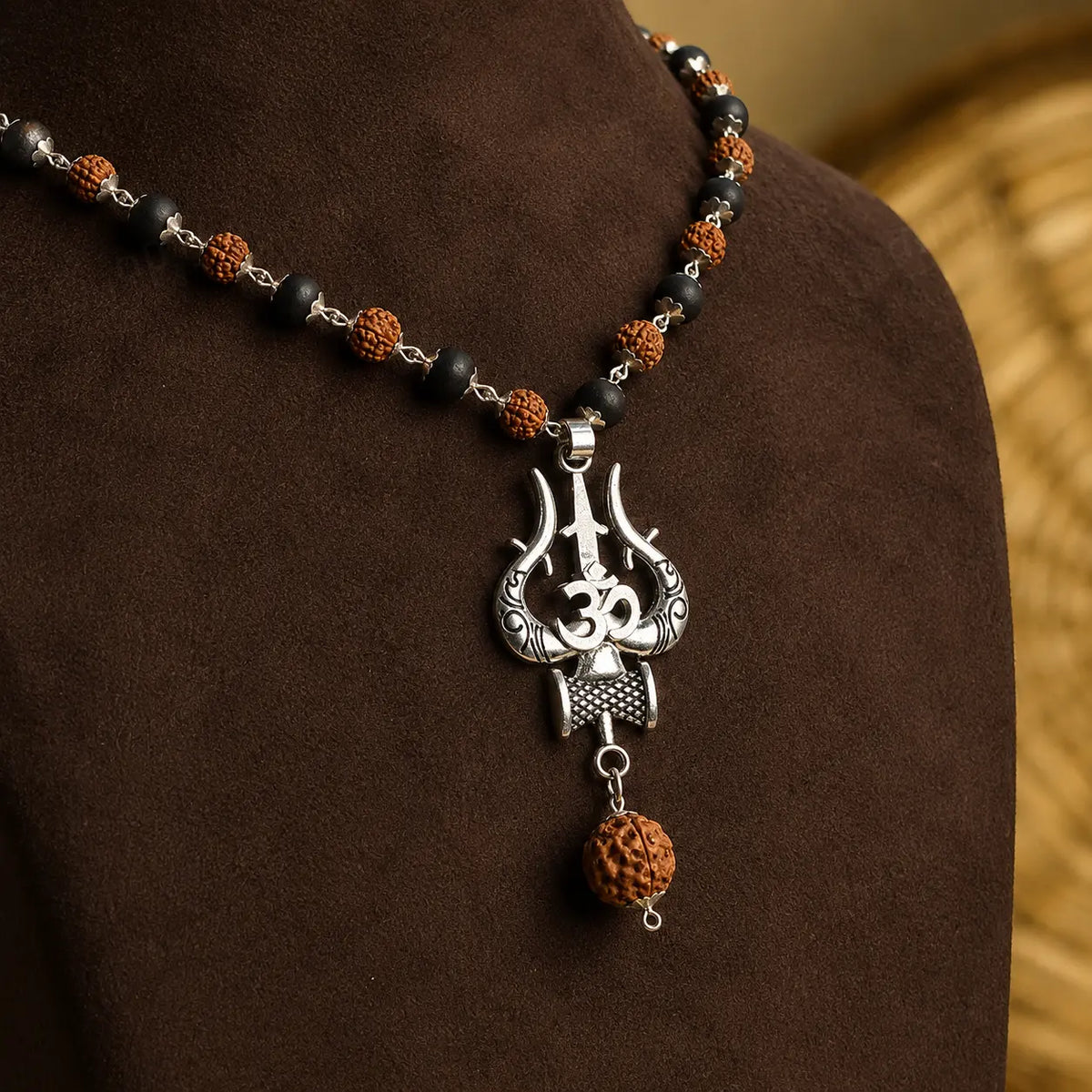 Silver Trishul Om Karungali & Rudraksha Mala