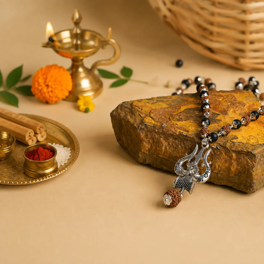 Silver Trishul Om Karungali & Rudraksha Mala