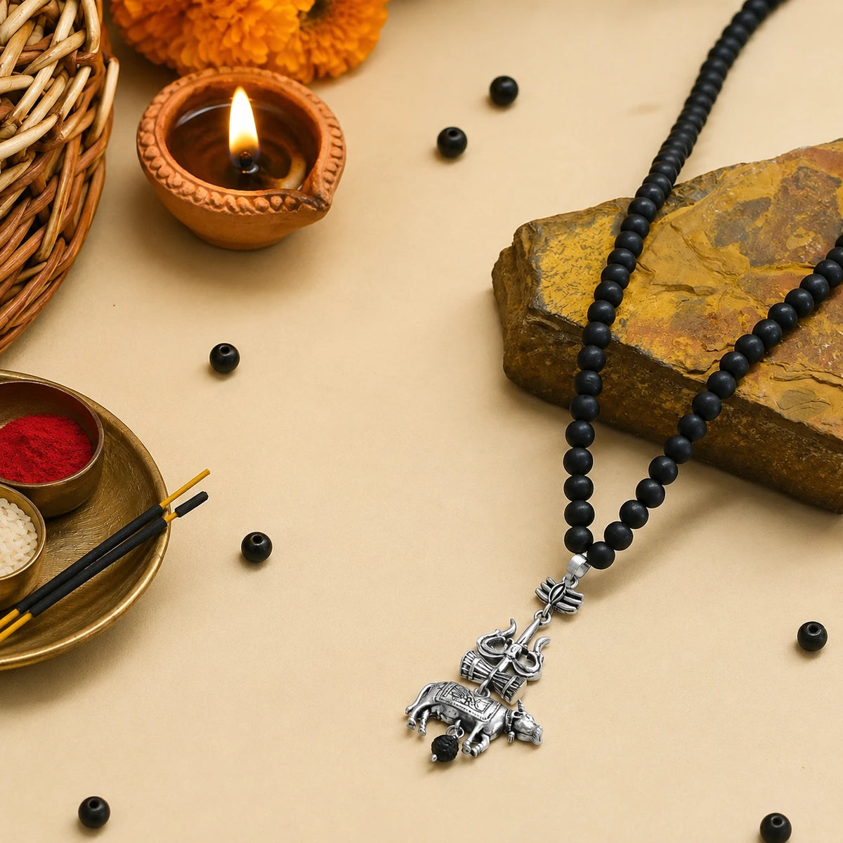Karungali Mala with Shiv Trishul & Nandi Pendant