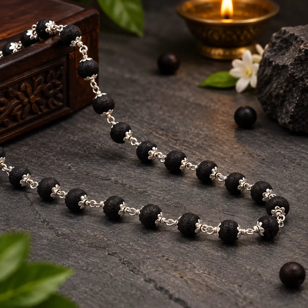 Premium Karungali Mala with Silver Caps | 100% Original Ebony Wood