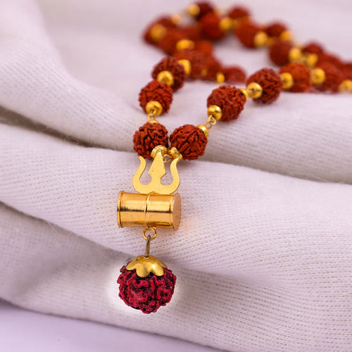 Sacred Rudraksha Damru Mala with Premium Gold Plating Finish