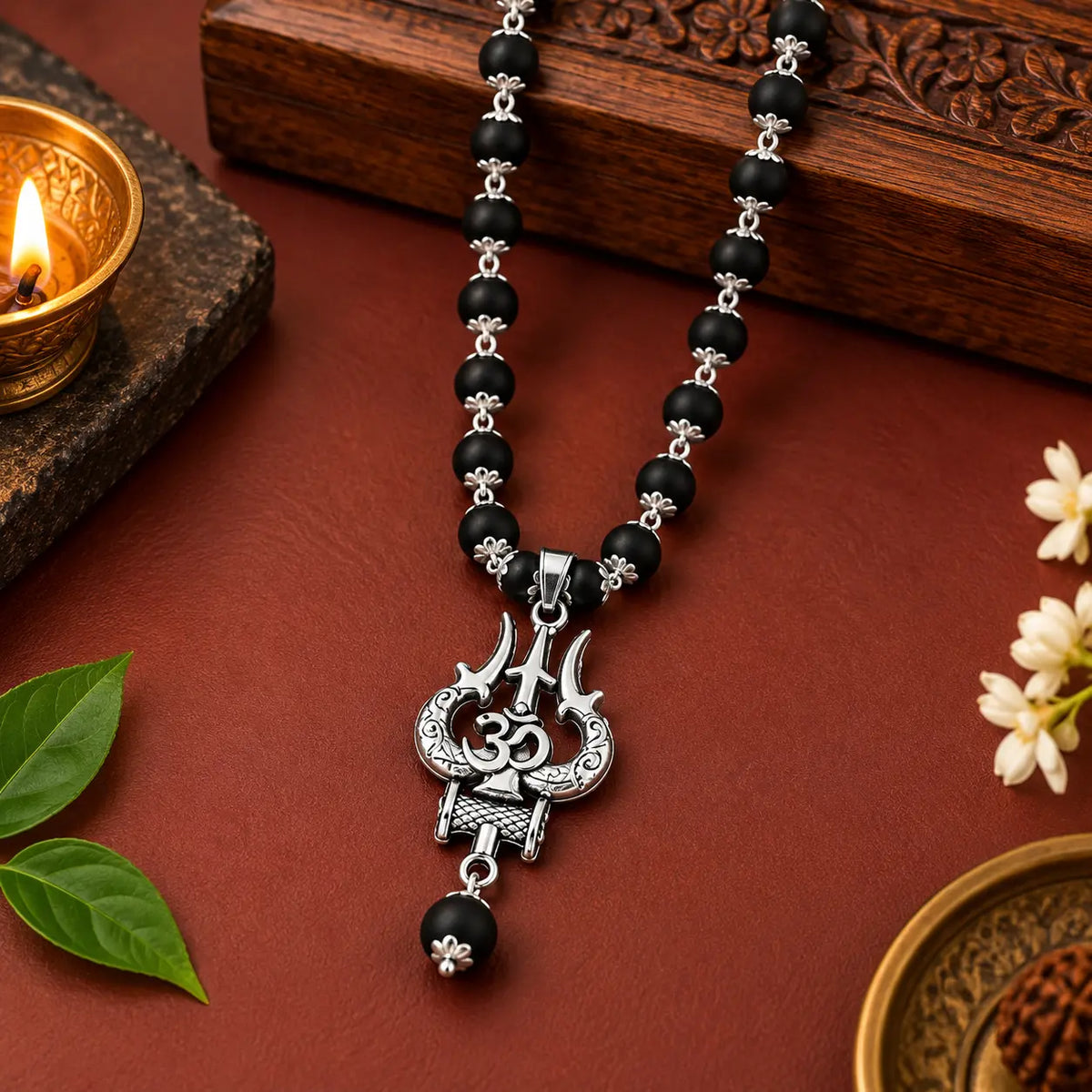 Divine Trishul Damru Karungali Mala with Premium Plating