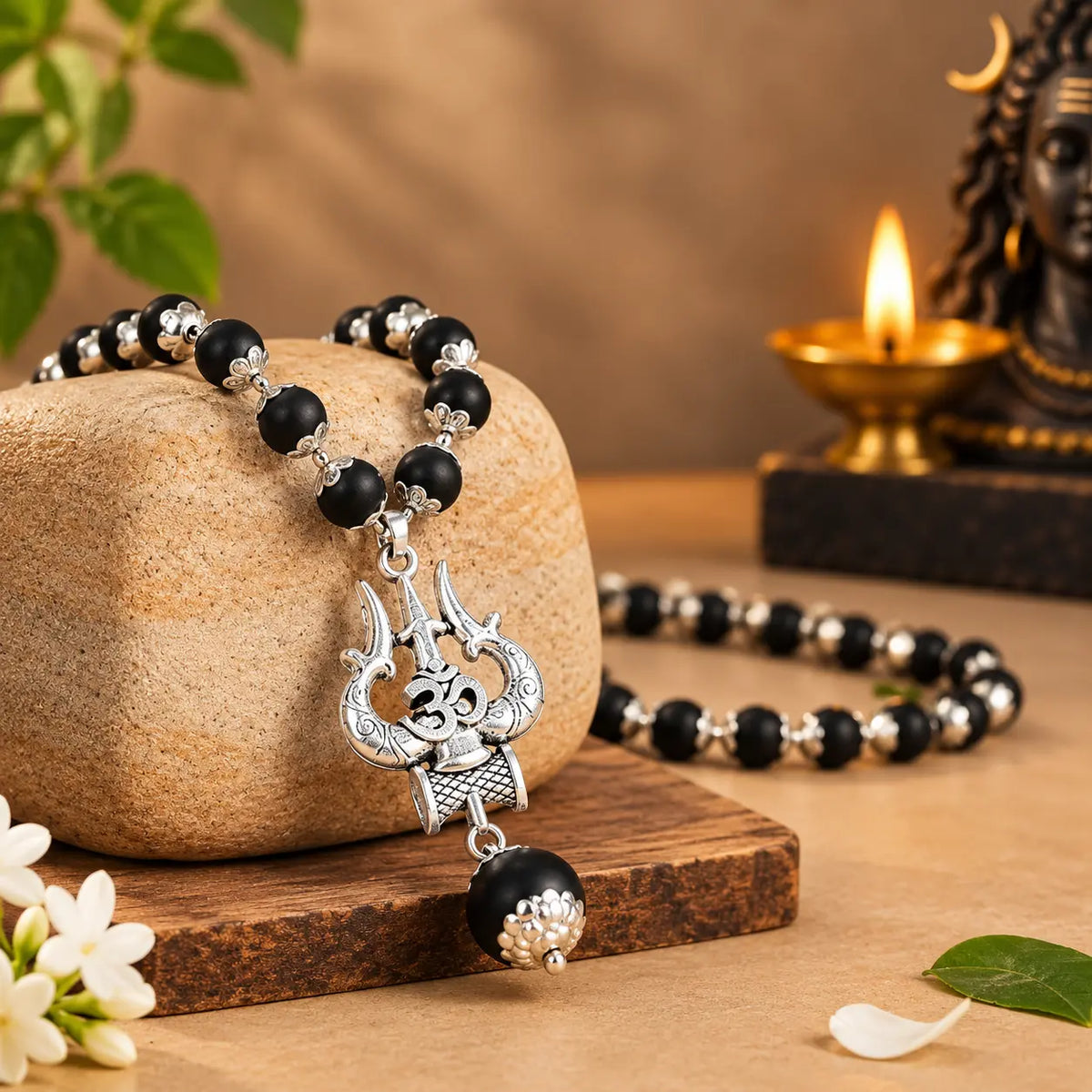 Divine Trishul Damru Karungali Mala with Premium Plating